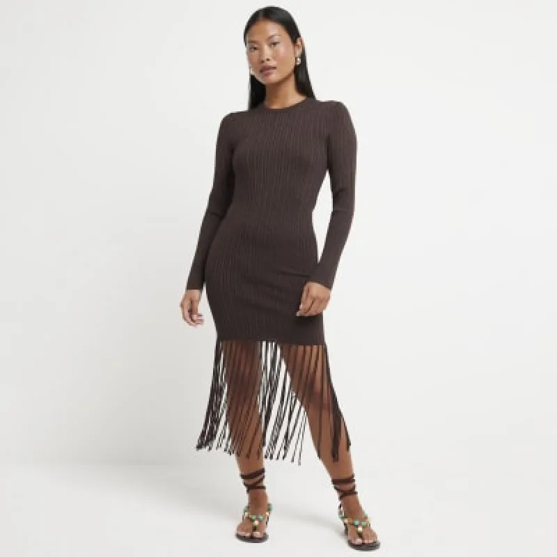 Petite brown metallic fringe midi dress sold by River Island