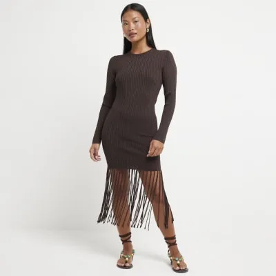 Petite brown metallic fringe midi dress sold by River Island