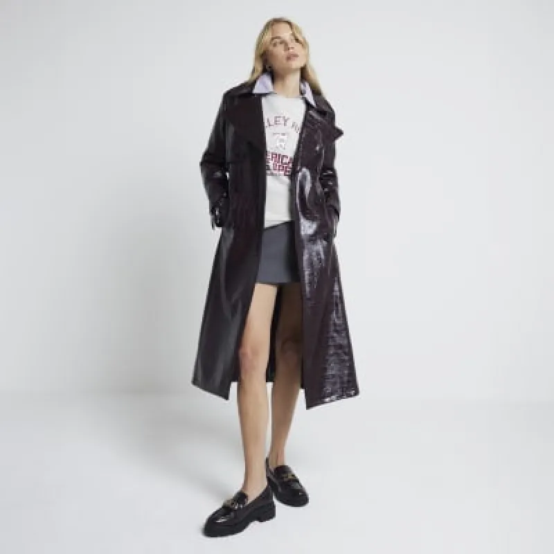 Red Faux leather Croc Embossed Trench Coat sold by River Island