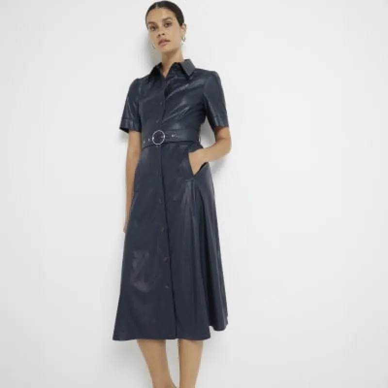 Navy faux leather belted midi shirt dress sold by River Island