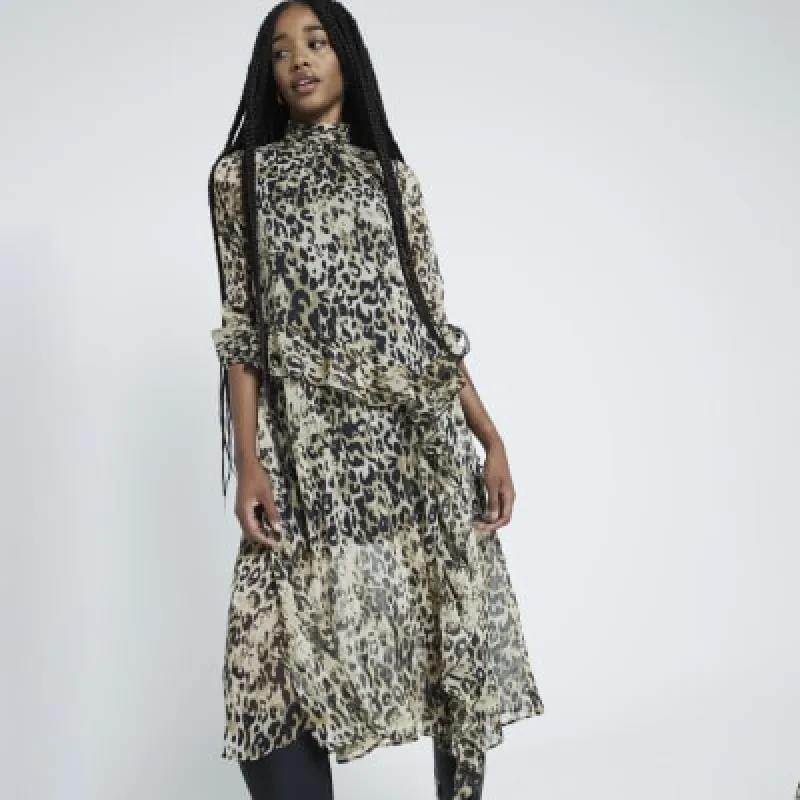 Beige Leopard Print Frill Midi Dress sold by River Island
