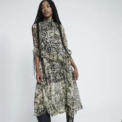 Beige Leopard Print Frill Midi Dress sold by River Island