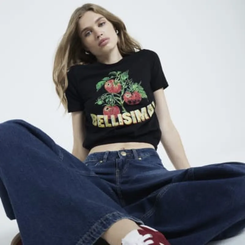 Black Ruched Hem Tomato graphic t-shirt sold by River Island