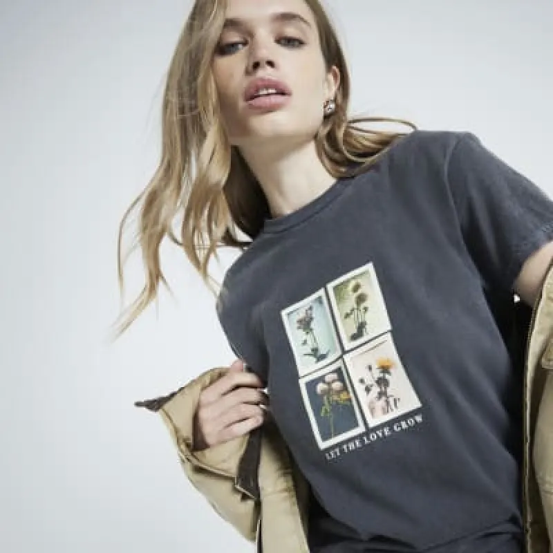 Grey floral photographic boyfriend t-shirt sold by River Island