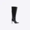 Black heeled high leg boots sold by River Island