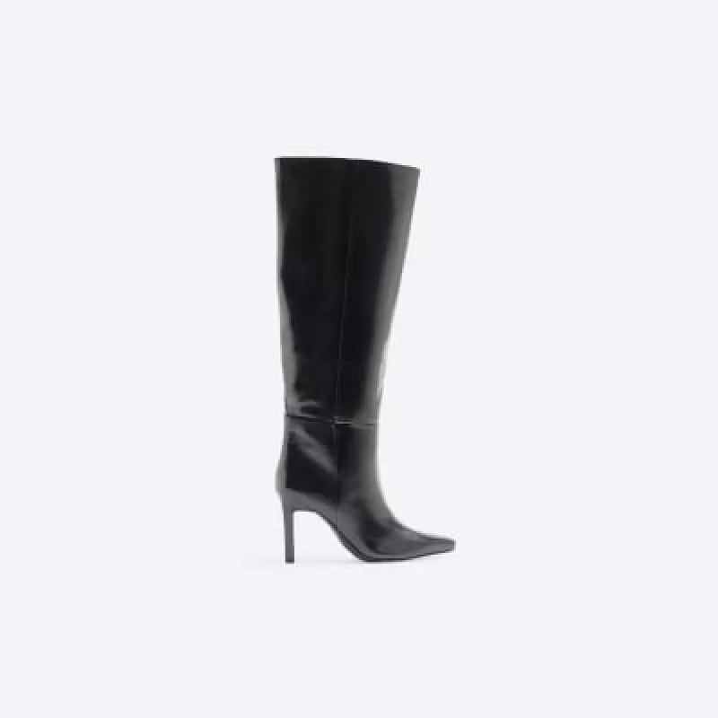 Black heeled high leg boots sold by River Island