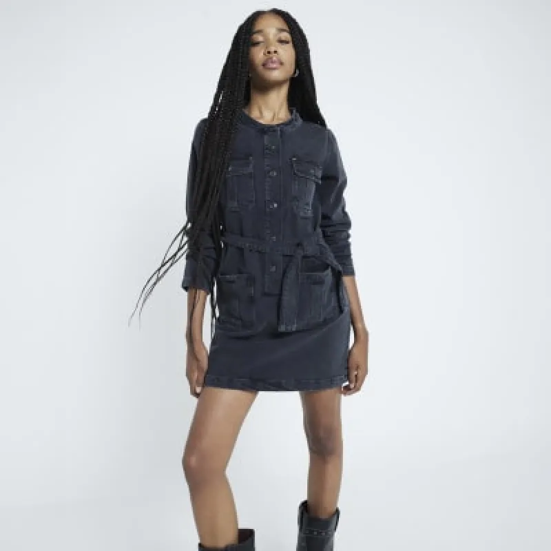 Black Denim Utility Mini Dress sold by River Island