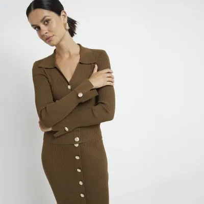 Khaki knit button detail polo top sold by River Island