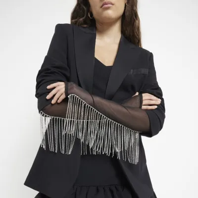 Black Diamante Fringe Mesh Long Gloves sold by River Island