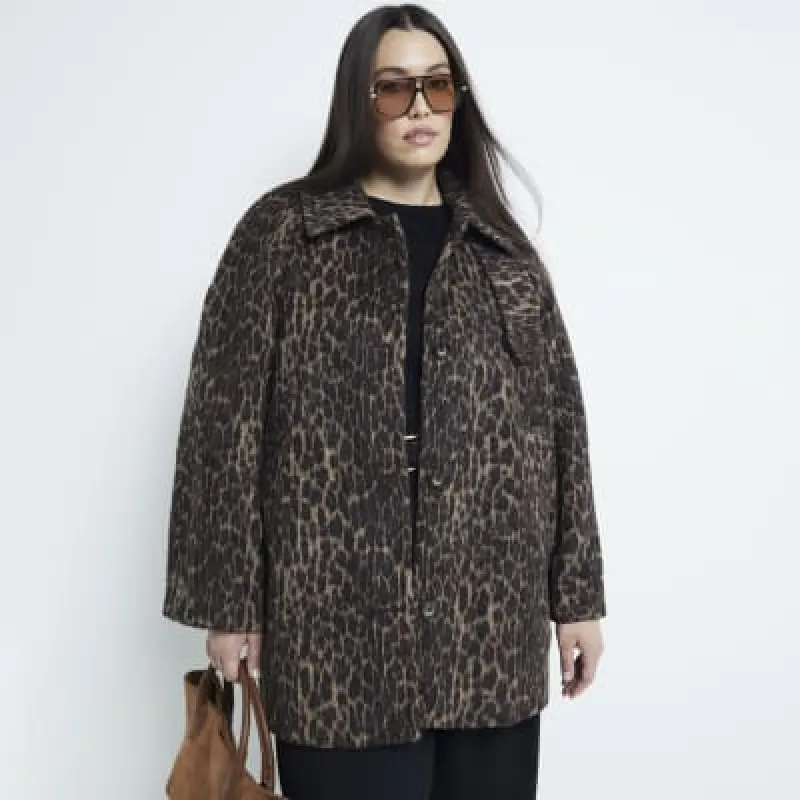 Plus Brown Leopard Funnel Neck Coat sold by River Island