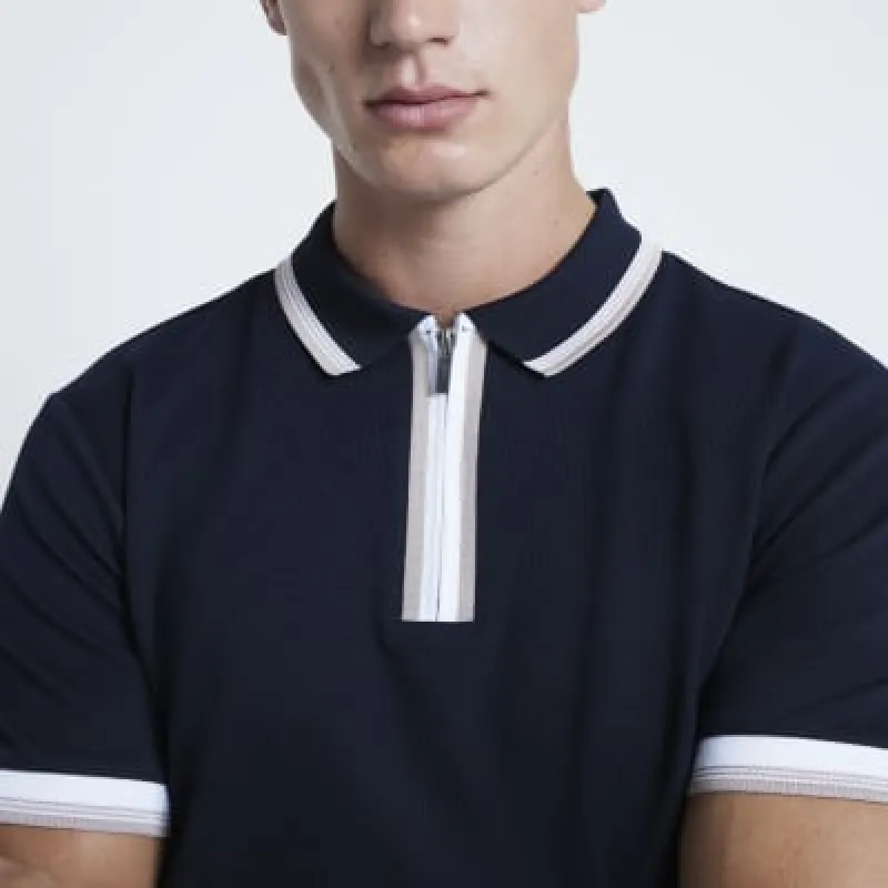 Navy Pique Slim Fit Tipped Polo Shirt sold by River Island