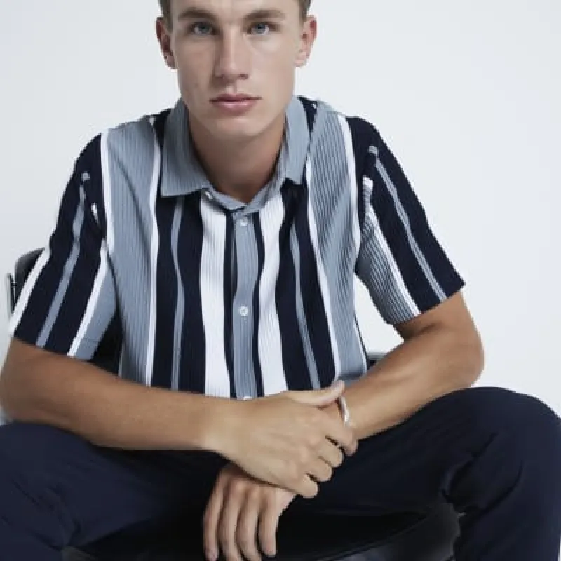 Navy Regular Fit Striped Ottoman Shirt sold by River Island