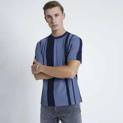 Blue Slim Fit Ottoman Striped T-Shirt sold by River Island