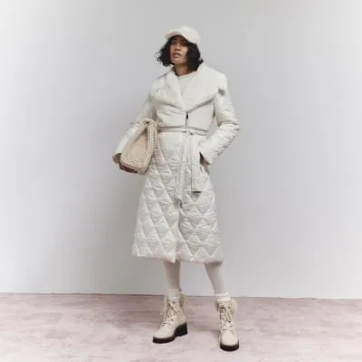 Cream Faux Fur Quilted Longline Coat sold by River Island