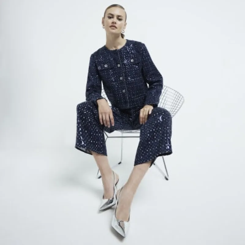 Blue Sequin Cropped Wide leg Jeans sold by River Island