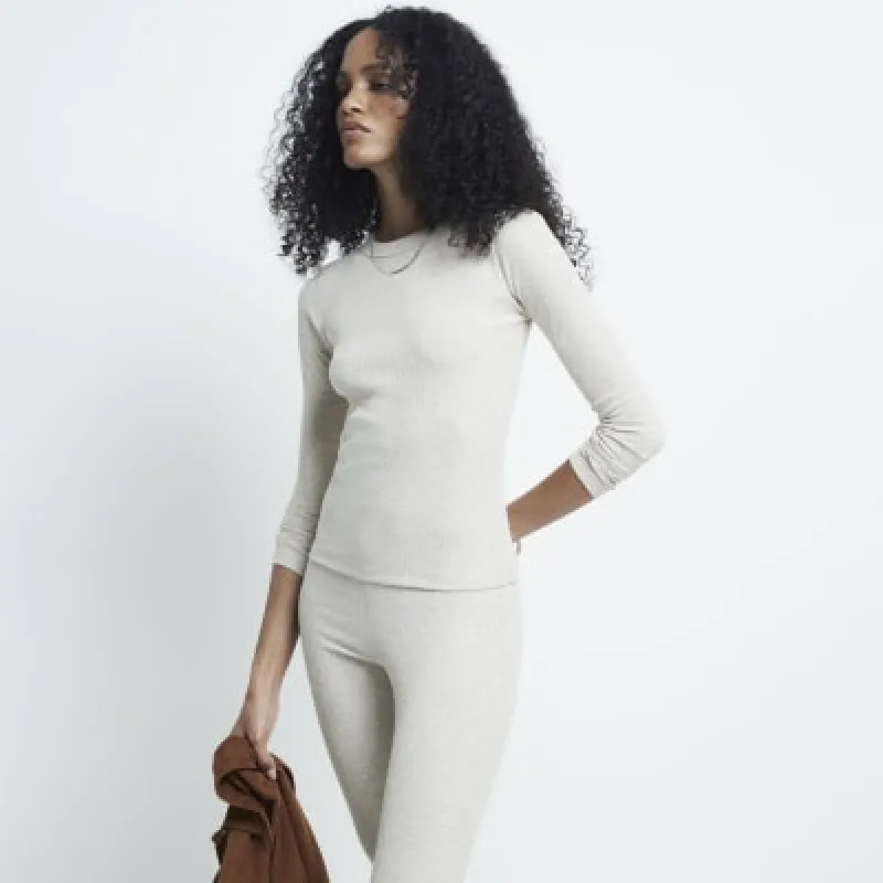 Beige ribbed long sleeve fitted t-shirt sold by River Island