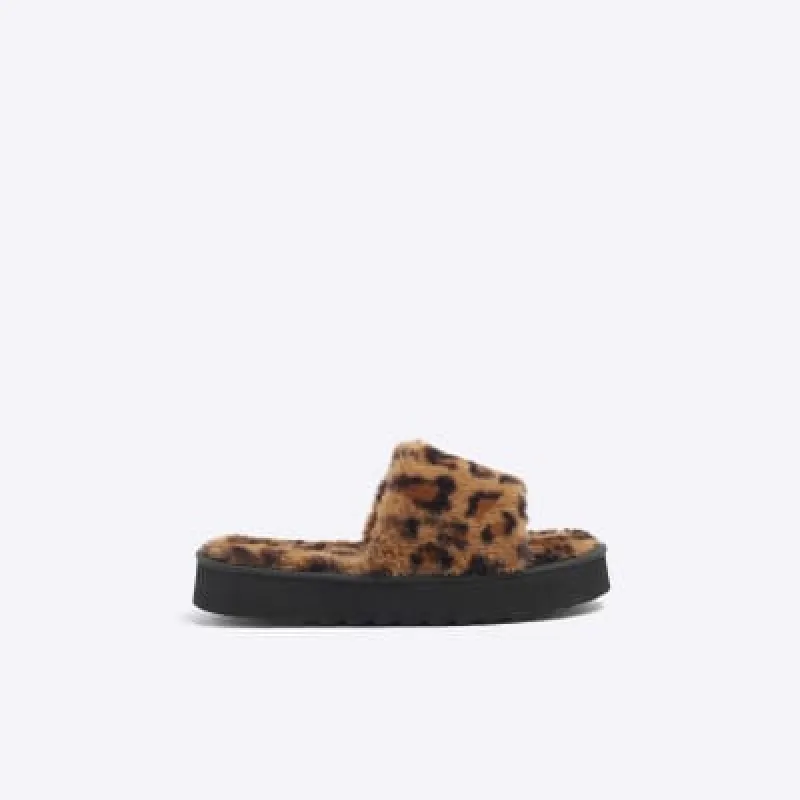 Brown Faux Leather Leopard Platform Slippers sold by River Island
