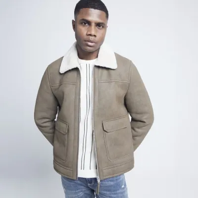 Beige regular fit nubuck shearling jacket sold by River Island