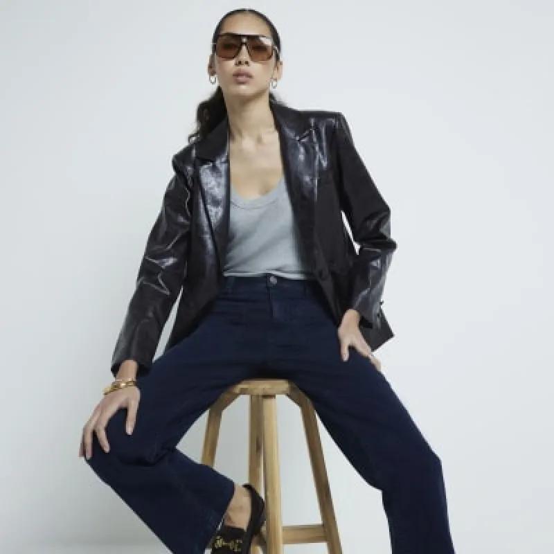 Blue Denim Pocket Front Wide Leg Jeans sold by River Island