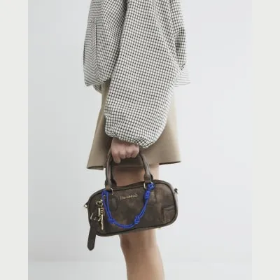 Brown Faux Leather Charm Handle Bowler Bag sold by River Island