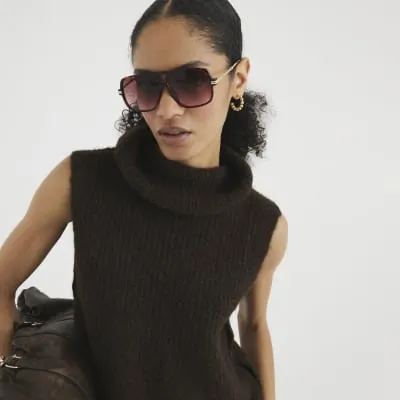 Brown Polo Neck Knitted Tank Top sold by River Island