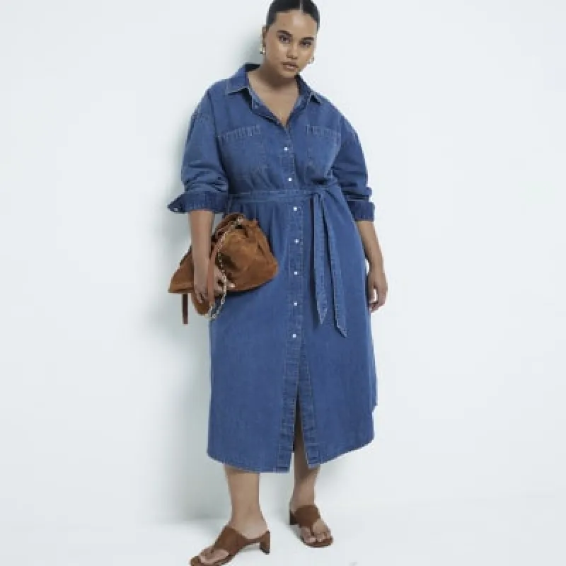 Plus blue denim belted midi shirt dress sold by River Island