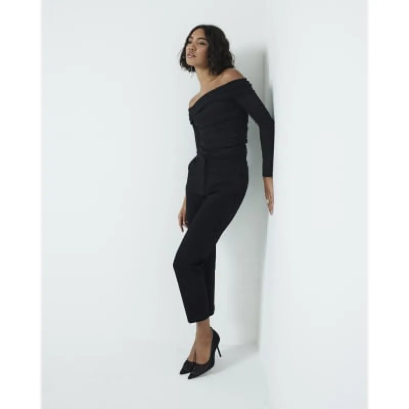 Black Long Sleeve Ruched Bardot Top sold by River Island