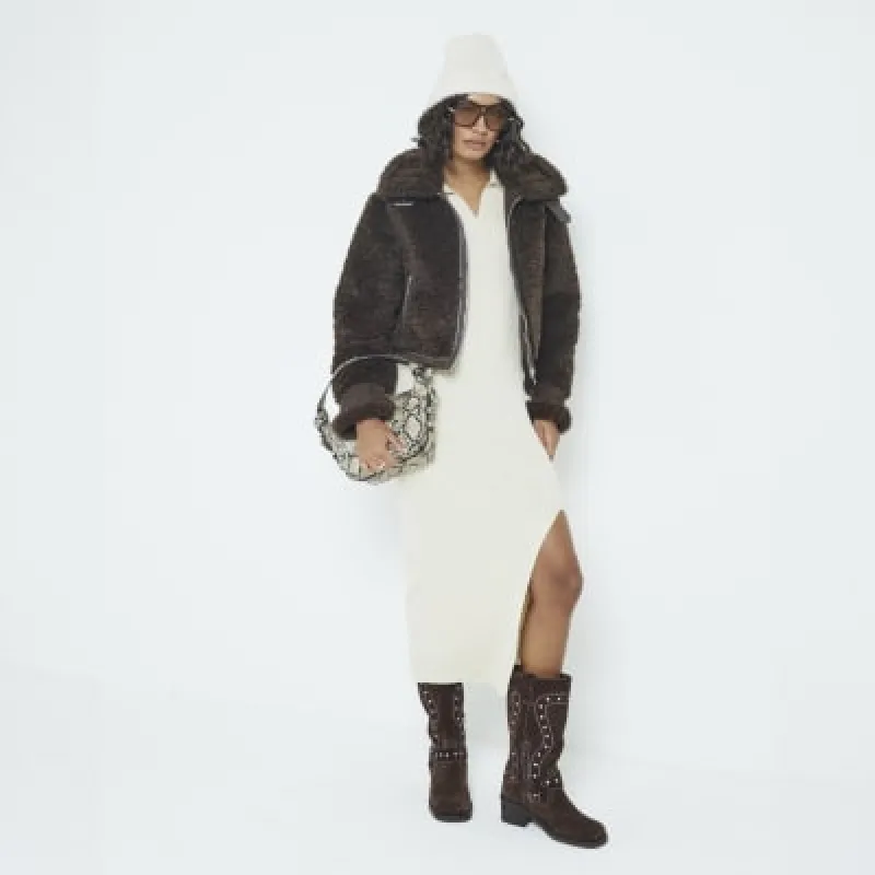 Cream Ribbed Polo Midi Bodycon Dress sold by River Island