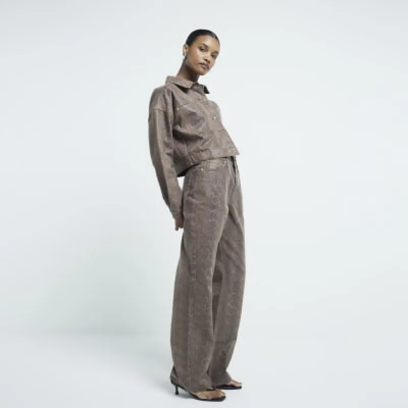 Brown Snakeskin relaxed straight leg jeans sold by River Island