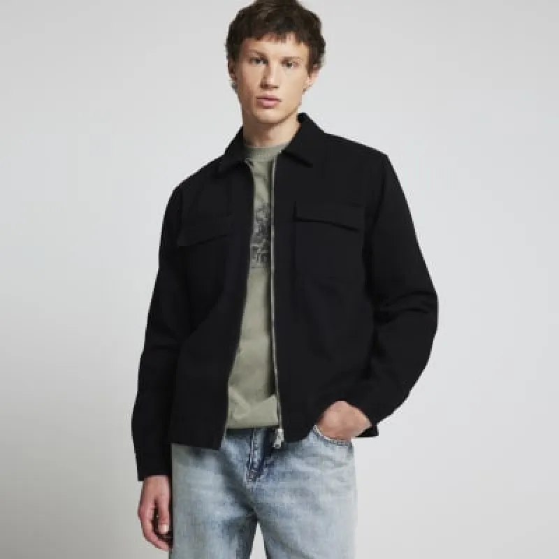Black textured zip up overshirt sold by River Island