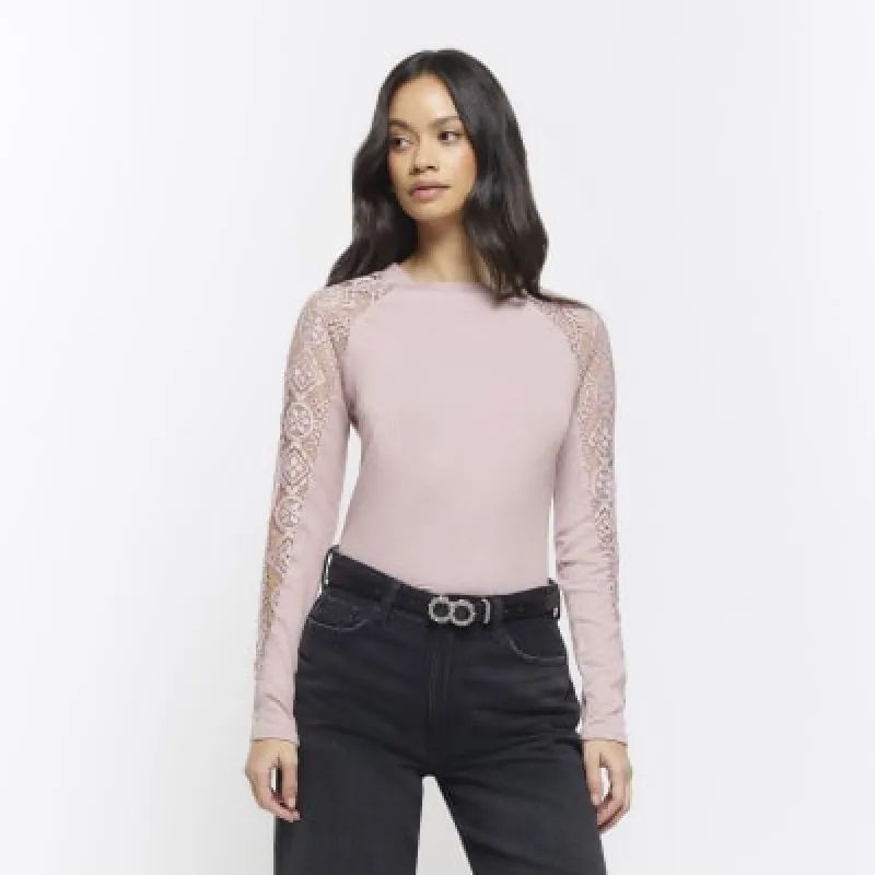 Pink rib lace long sleeve top sold by River Island