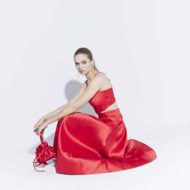 Red Satin Midi Skirt sold by River Island