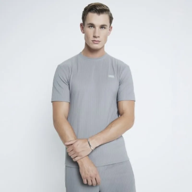 Grey Muscle Fit Ribbed T-Shirt sold by River Island