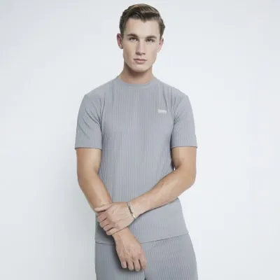 Grey Muscle Fit Ribbed T-Shirt sold by River Island