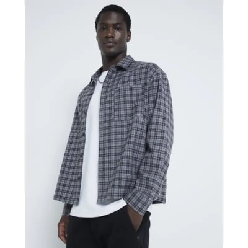 Grey Boxy Fit Long Sleeve Check Shirt sold by River Island