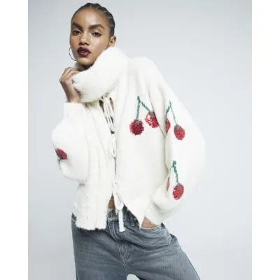 Cream Knitted Sequin Cherry Cardigan sold by River Island