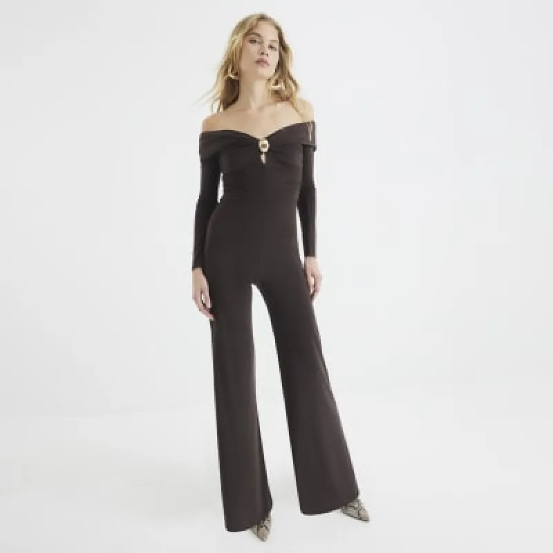 Brown Bardot Trim Twist Jumpsuit sold by River Island