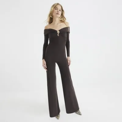 Brown Bardot Trim Twist Jumpsuit sold by River Island