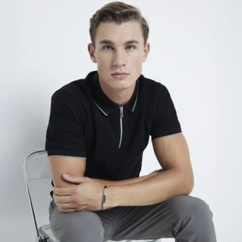 Black Muscle Fit Ribbed Tipped Polo Shirt sold by River Island
