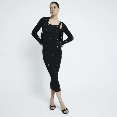 Black Knitted Embellished Midi Dress sold by River Island