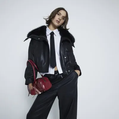 Black Faux Leather Bomber Jacket sold by River Island