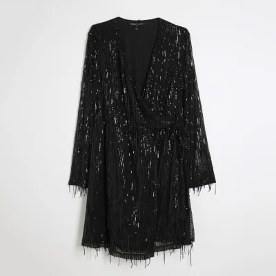 Plus Black Sequin Fringe Wrap Mini Dress sold by River Island