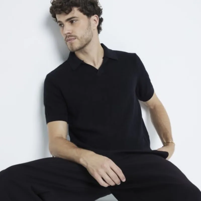 Black Diamond Stitch Open Collar Polo Shirt sold by River Island