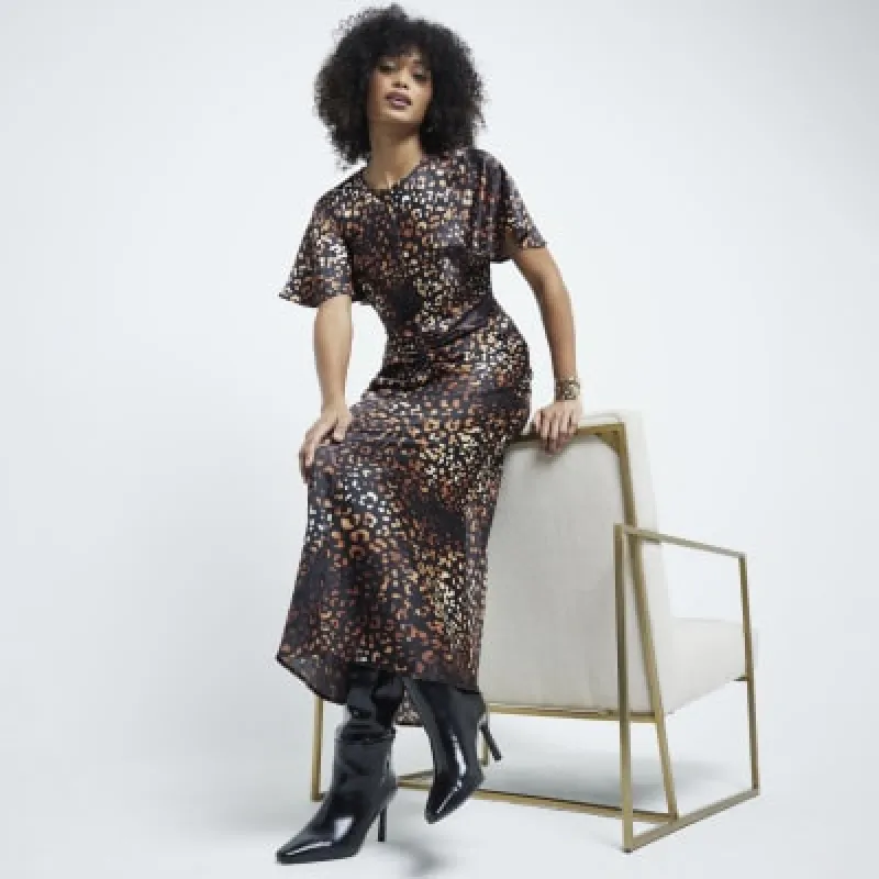 Brown Ruched Leopard Print Midi Dress sold by River Island