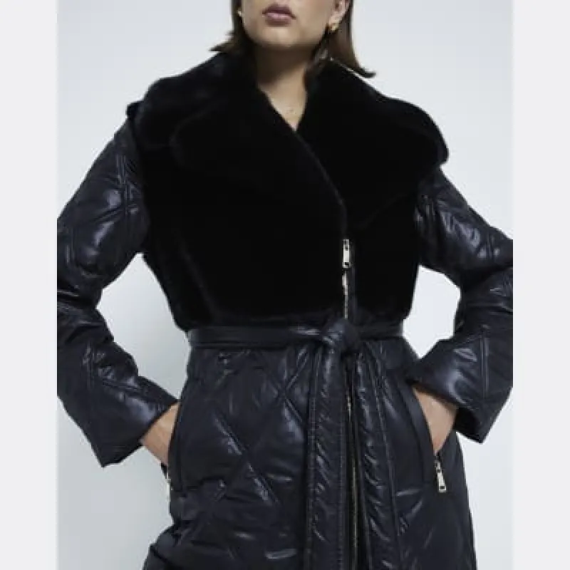 Black Faux Fur Quilted Longline Coat sold by River Island