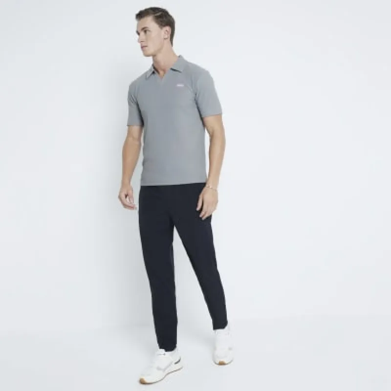 Grey Muscle Fit Ribbed Open Neck Polo Shirt sold by River Island