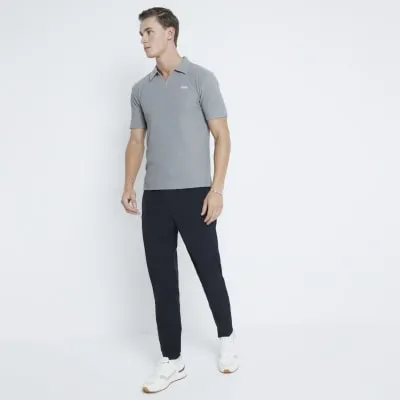 Grey Muscle Fit Ribbed Open Neck Polo Shirt sold by River Island