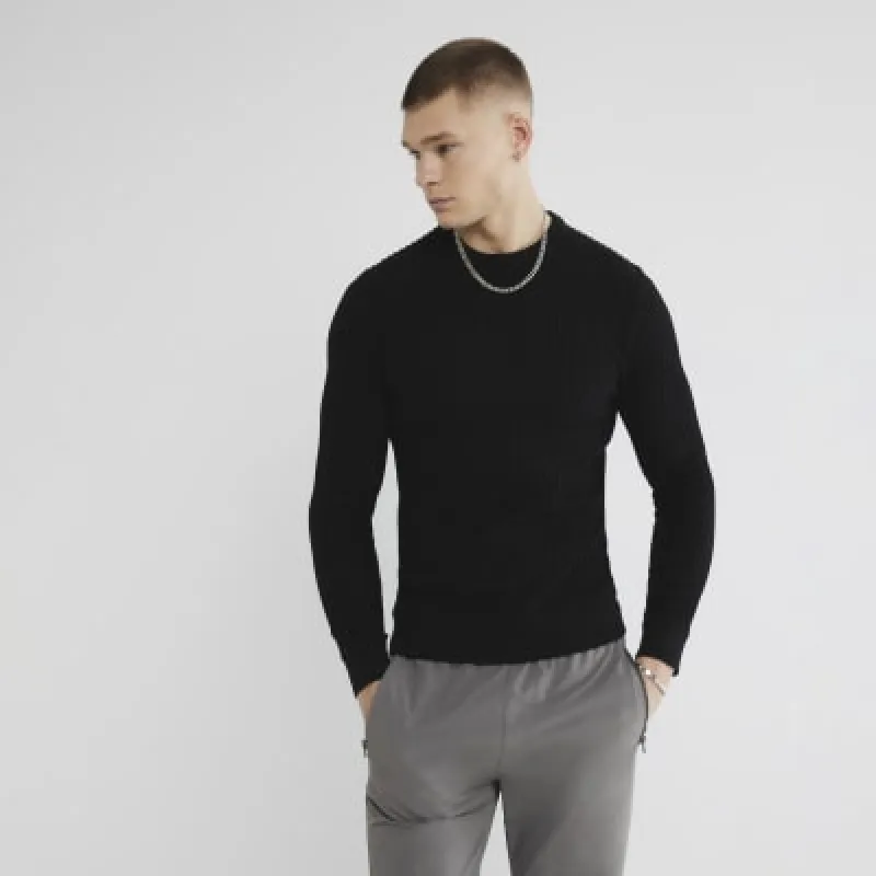 Black Muscle Fit Textured Jumper made by River Island