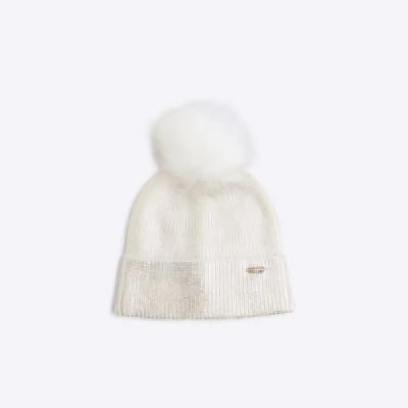 Silver Metallic Pom Pom Beanie Hat sold by River Island