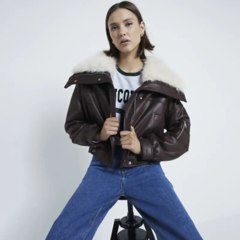 Brown Padded Faux Fur Trim Bomber Jacket sold by River Island